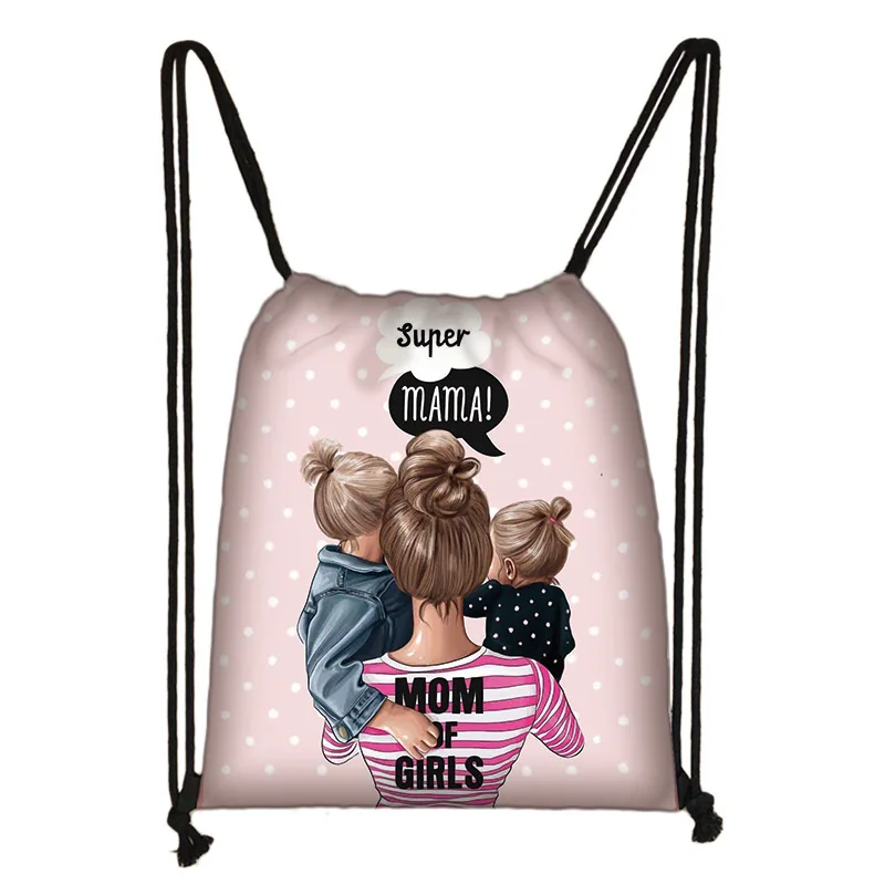 

Cute Super Mama Print Drawstring Women Storage Bag For Travelling Princess Girls Casual Backpack