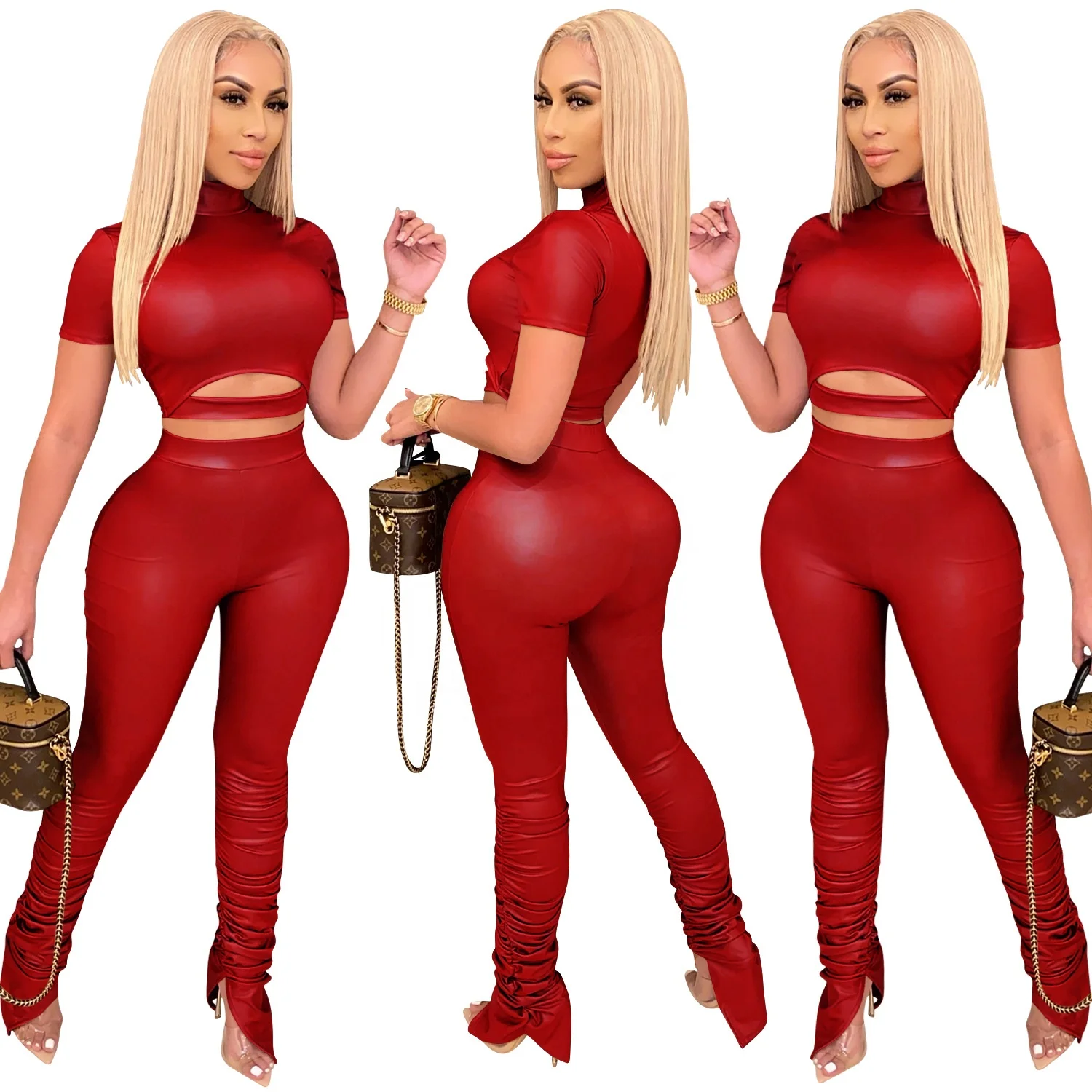 

2021 Fashion Women PU Leather Solid Color Stand Neck Bandage Crop Top Pants Two Piece Set Sexy Bodycon Rompers Club Party Suit