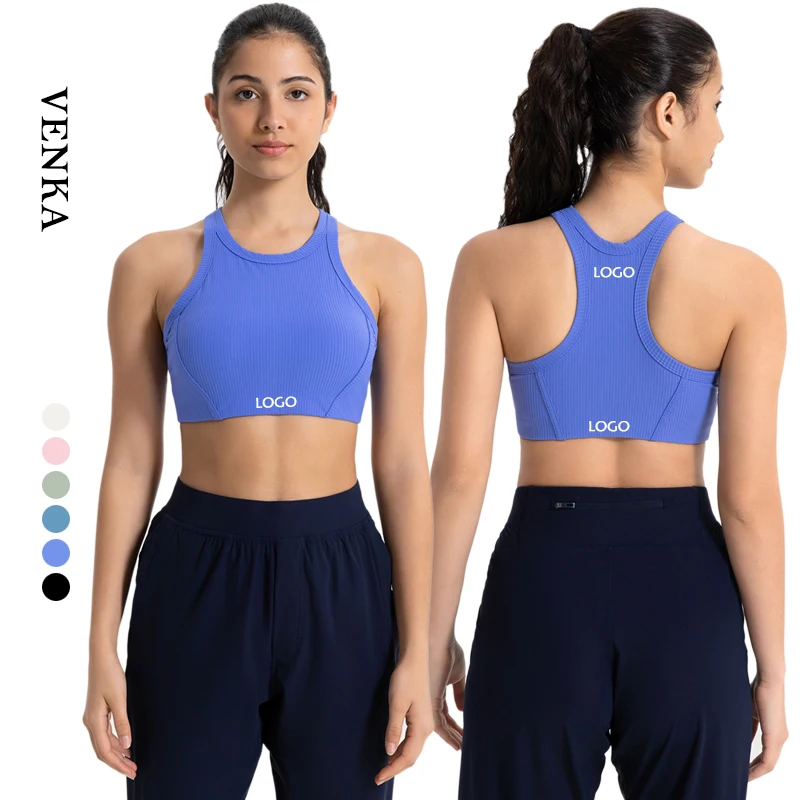 

Wholesale Athletic Wear Women Ribbed Breathable Crop Tank Top Custom Printed Logo Fitness Round Neck Sport Yoga Bra With Padding