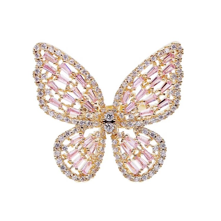 New Trendy Big Butterfly Micro Pave Pink White Zircon Ring