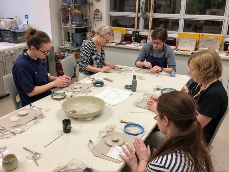 Group of beginners learning pottery in Coral Gables workshop