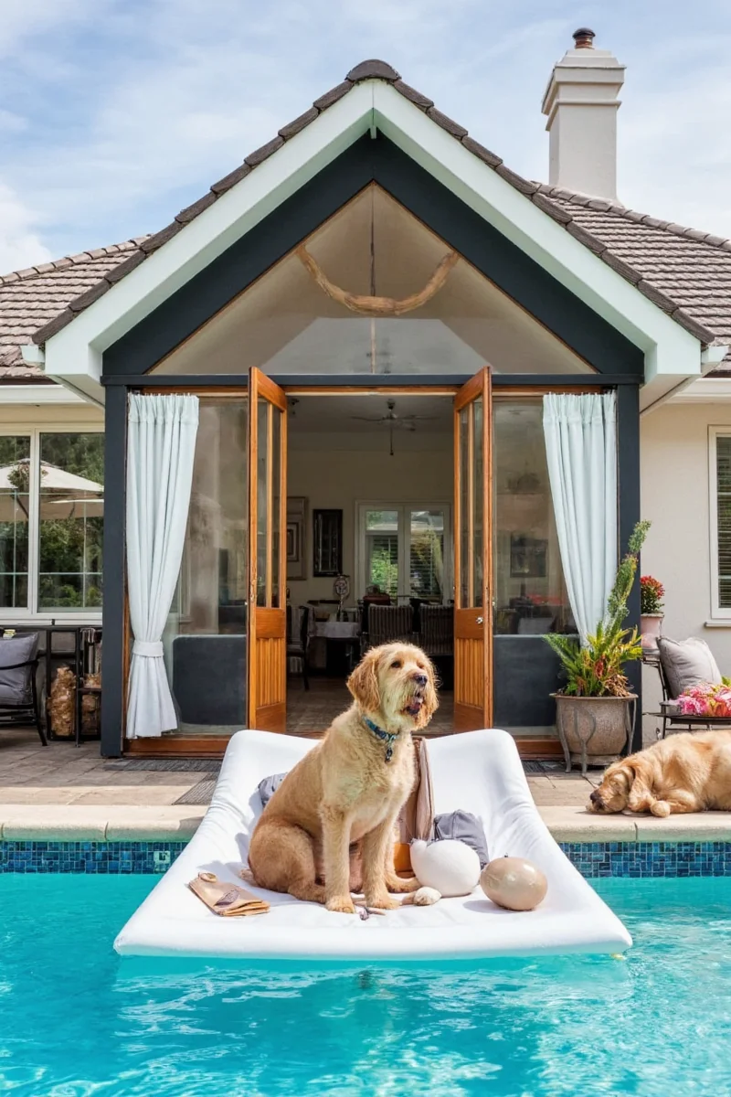 Diagram showing integrated pet door between indoor pool house and outdoor pool area.