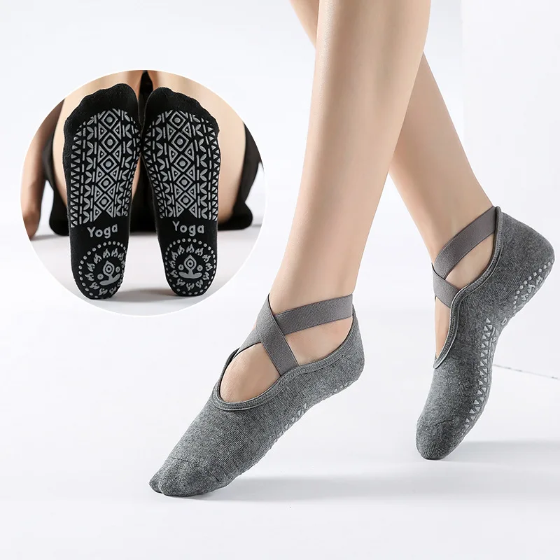 

yoga gray pilates dance socks for women non-slip grips straps sock