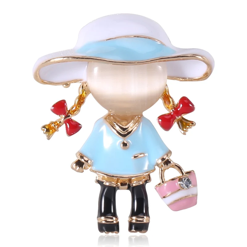 

New Design Alloy Gold Plated Cartoon Hat Girls Scarf Pins Cat Eyes Stone Brooches, Pink, blue