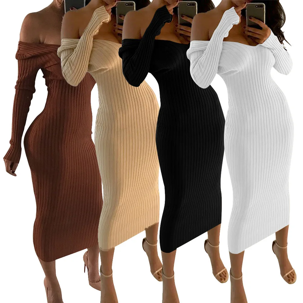 

190 Women's Sexy Solid Off Shoulder Dresses Long Sleeve Elegant Bodycon Dress Sweater Ribbed Club Dress, White, beige, pink, red, black, coffee, khaki