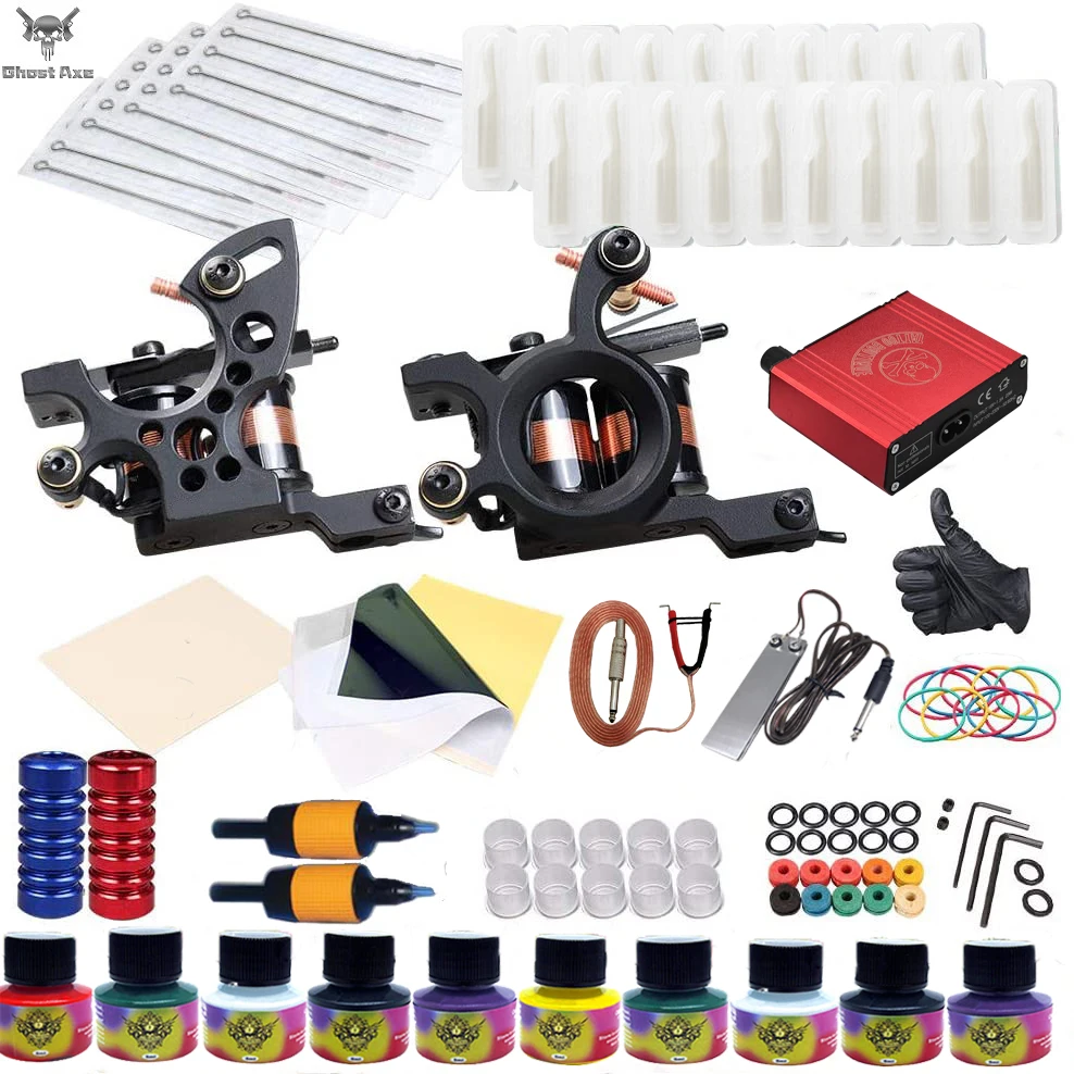 

Ghostaxe 2021 Professional High Quality Tattoo Kit With Machine And LCD Digital Power Supply For Body Art, Black