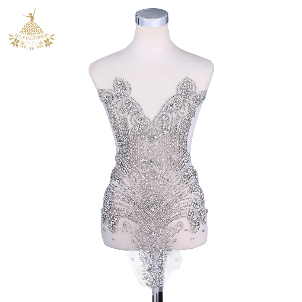 

Newest crystal bridal applique bodice rhinestone applique dresses sewing on wedding fabric DRA-422, Silver &white mesh etc