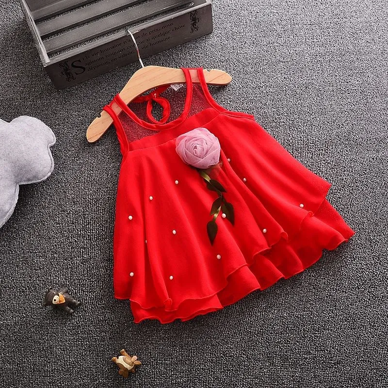 

Children garment manufacturer chiffon fabric beaded tulle frock design for baby girl kids, Red