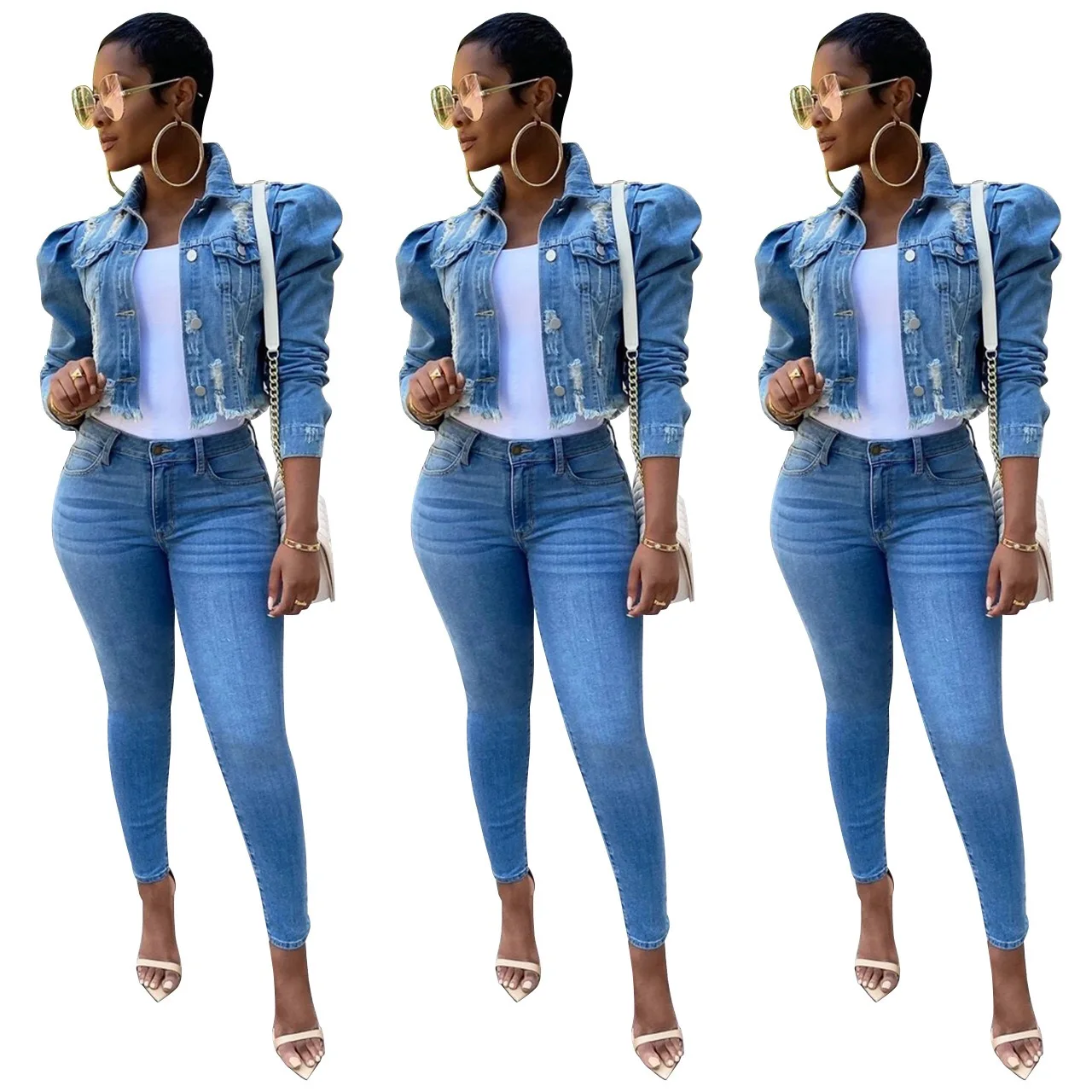 

New arrivals winter puff sleeve denim ripped jeans jacket women hole plus size denim jacket for ladies, Blue