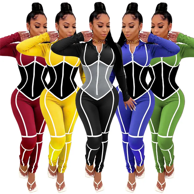 
Solid color stitching zipper hooded slim sports jumpsuit romper women one piece jumpsuit 