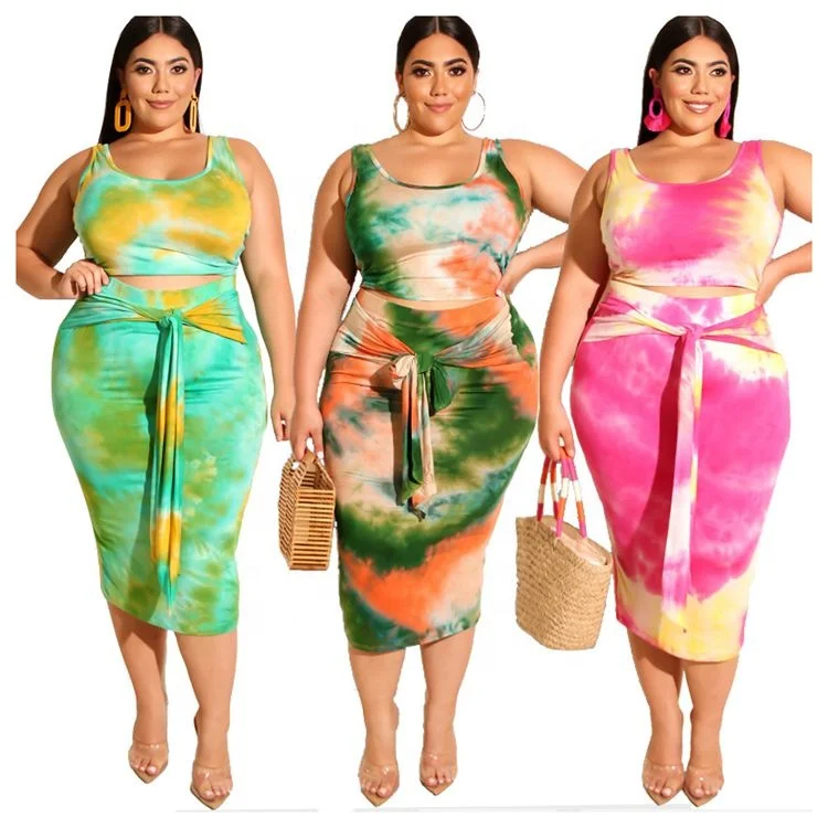 

Summer 2021 hot sale trendy tie dye print lace-up casual dresses two piece set women clothing plus size dress