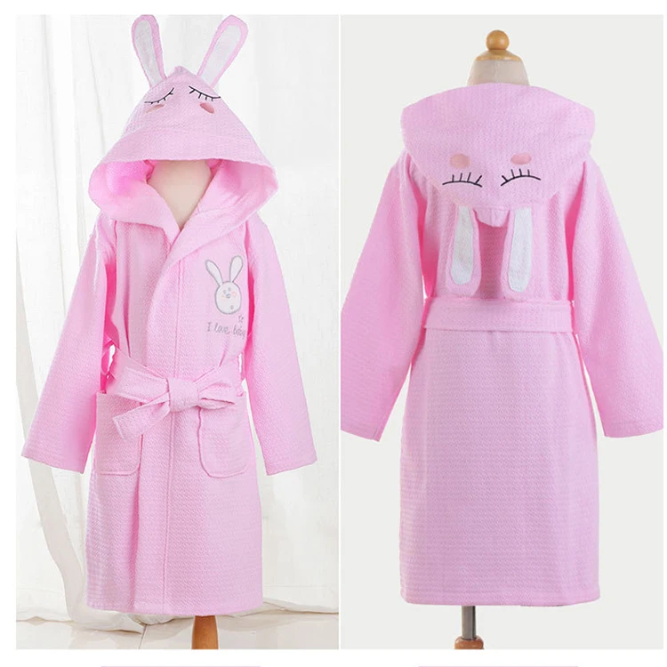 Summer cotton thin Waffle absorbent children nightgown white cartoon animal style boys girls hooded bathrobes