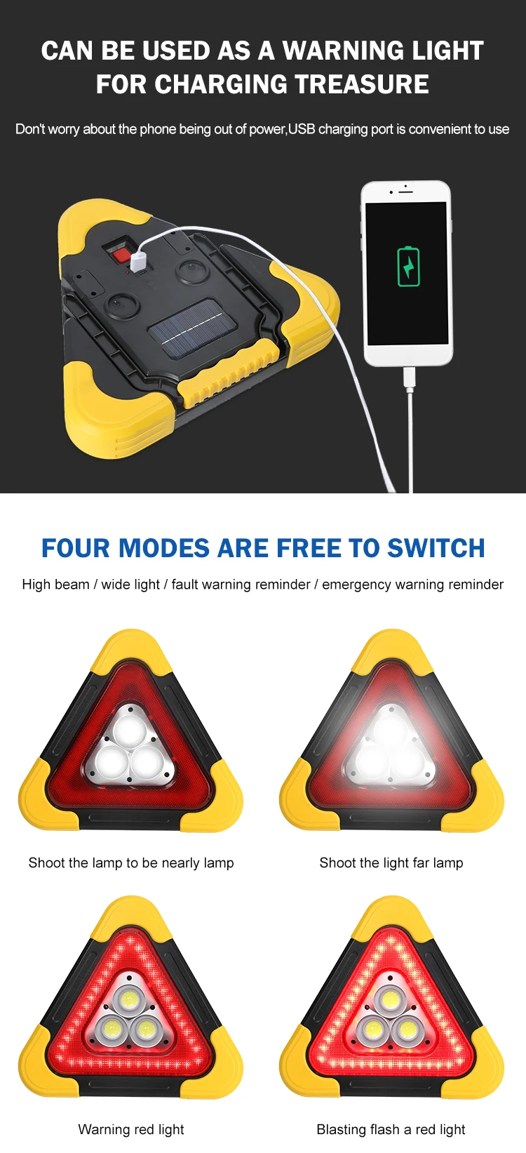 Warning triangle outdoor emergency portable rechargeable 10w 30w solar led warning light