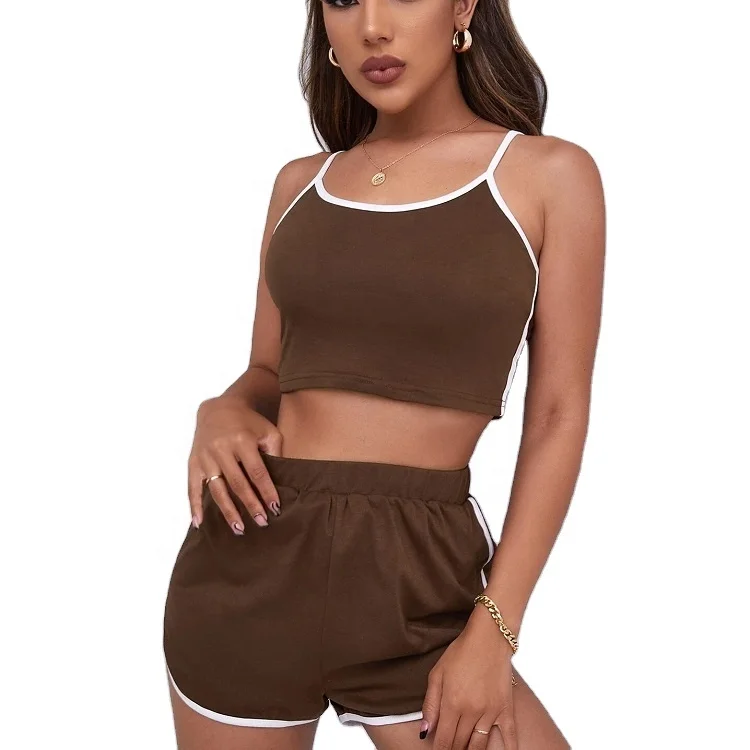 

trending products 2021 new arrivals Women Drop Shoulder Solid cami Crop Top & Track Shorts 2 piece short set, Customized color