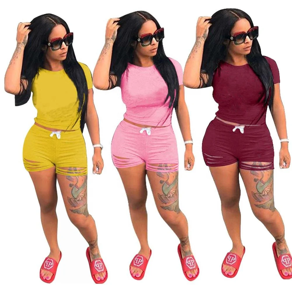 

GC-2071610 2020 new custom logo women top short pants summer 2 piece set custom, Black, blue, yellow, pink, red