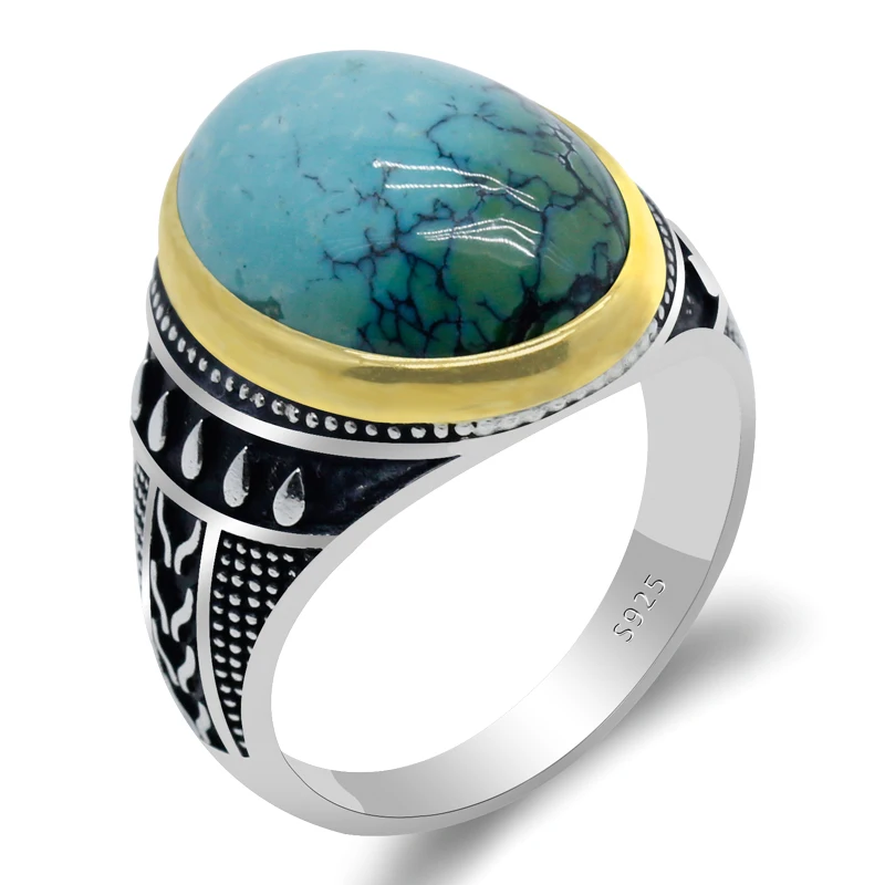 

Natural Turquoise Stone Men Ring in 925 Sterling Silver Textual Blue Gemstone Wedding Engagement Jewelry Rings for Man