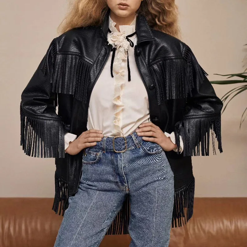 

Newly Lapel Tassel Stitching Single-breasted Long-sleeve Jackets Motorcycle PU Leather Jacket Women, Black