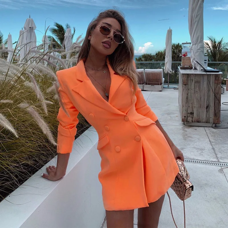 

Autumn Winter New Women Double Breasted A-line Formal Long Sleeve Blazer V-Neck Ladies Suits, Orange