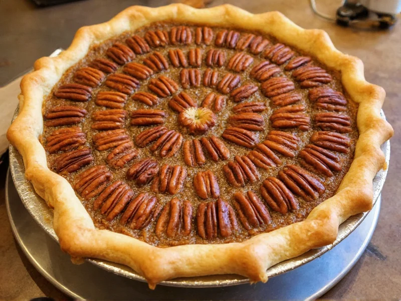 Golden pecan pie with flaky crust edges