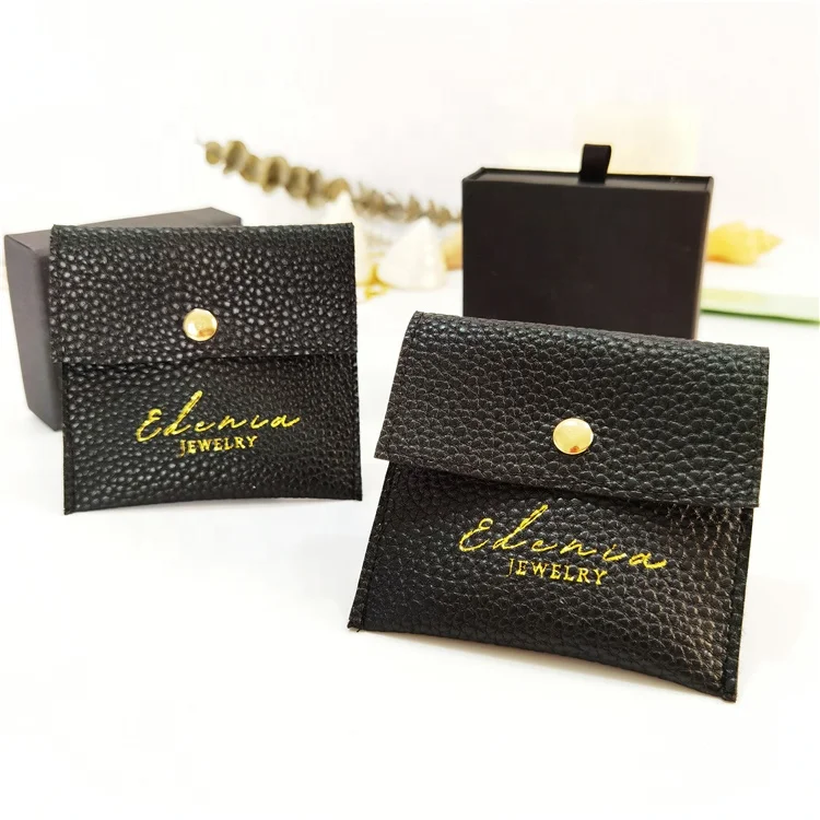 

Luxury Hot Stamp Black Pu Leather Flap Jewelry Bag With Button Pouch Jewelry Pouch Leather Envelope Bag