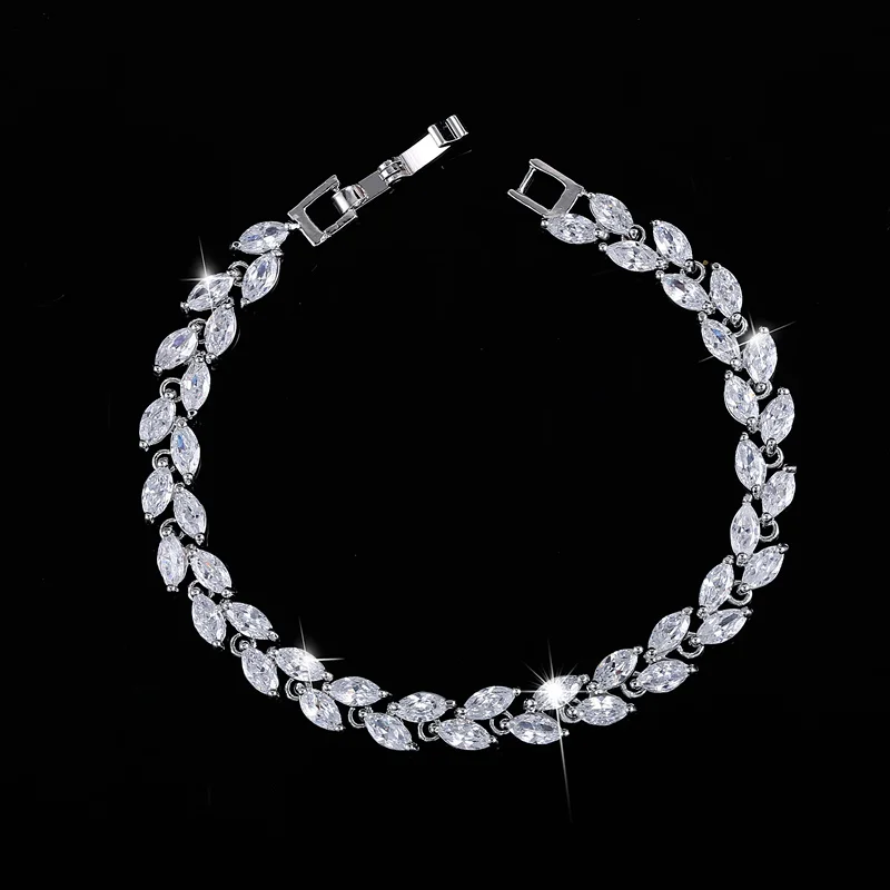 

New Trendy Brilliant Cubic Zircon Inlaid Jewelry Silver Color Leaf Charm CZ Crystal Female Chain Link Bracelet Bangles for Women