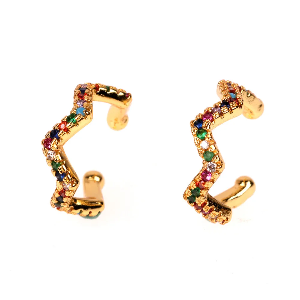 

Fashion Gold Plated Rainbow CZ Irregular C Shaped Clip on Earcuff Earrings Colorful Crystal C Shape Ear Cuffs