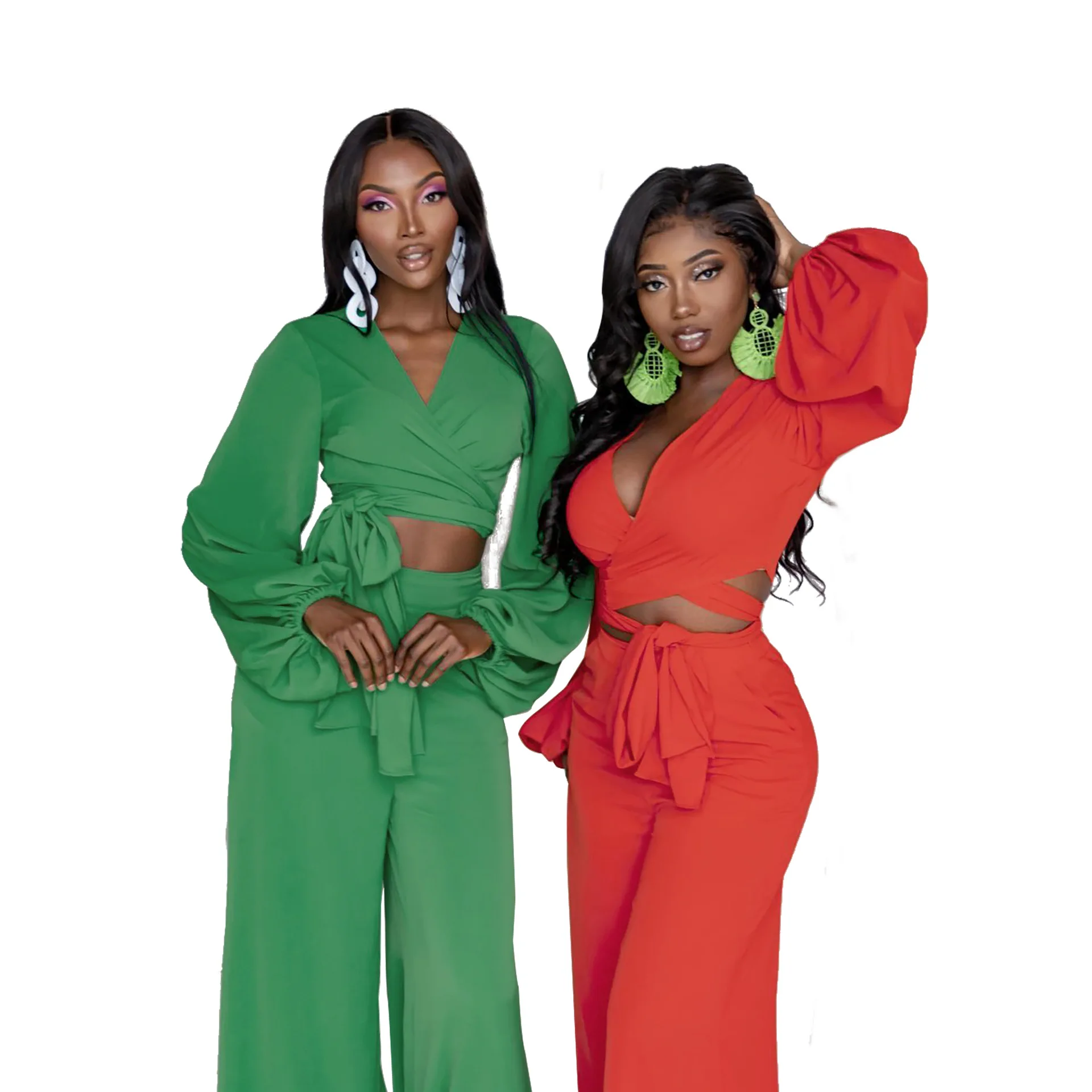 

Autumn Fashion casual Solid Color long-sleeved V-neck bubble sleeve strappy top high waist wide leg pants set