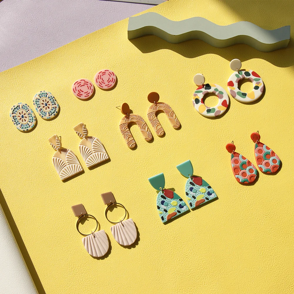 

Touch printing 3D painted acrylic earrings marbled vintage exquisite clay earrings, Colorful