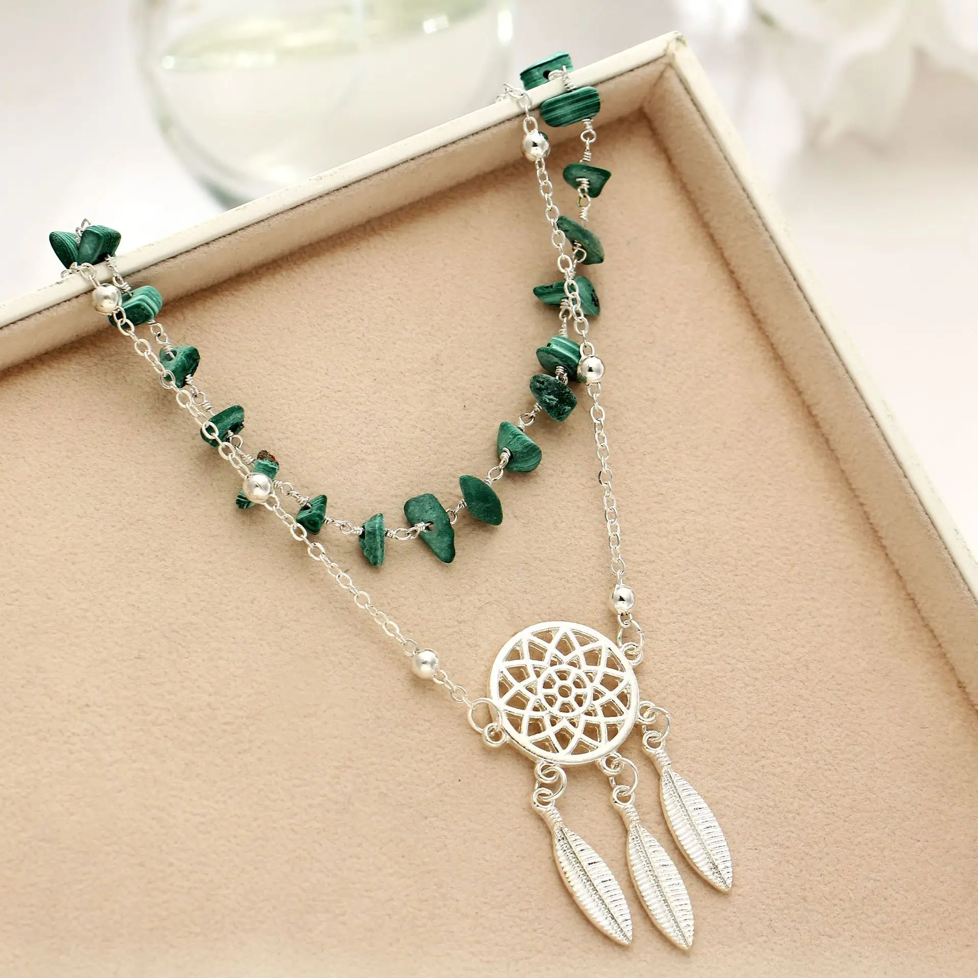 

Beach Jewelry Green Stone Turquoise Bead Chain Ankle Bracelet Zinc Alloy Shaped Dream Catcher Feather Charm Anklet For Gift