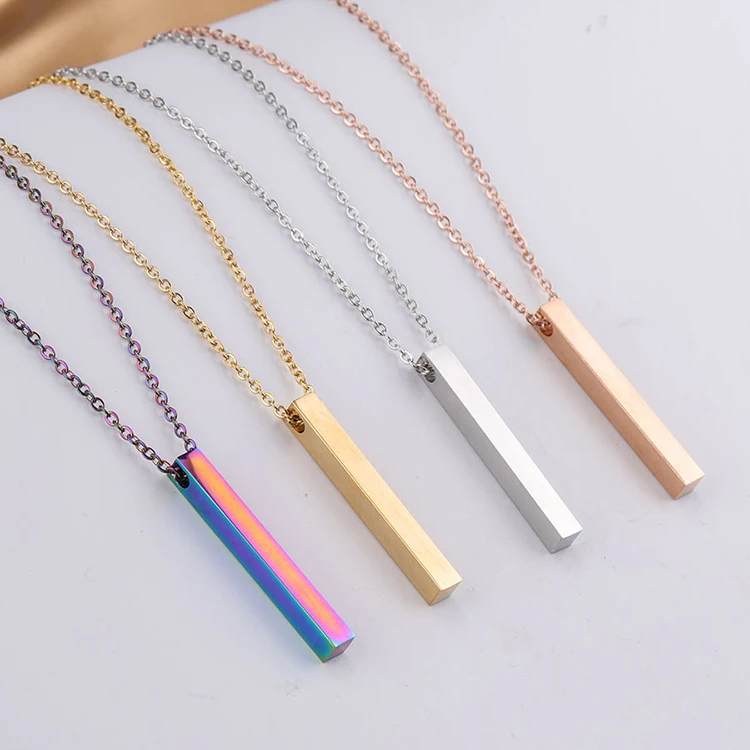 

Stainless Steel DIY 3d Engraving vertical necklace Personalized Bar Blank Stamp Engraved Diy Square Strip Pendant cube Necklace, Black, gold, rose gold, silver