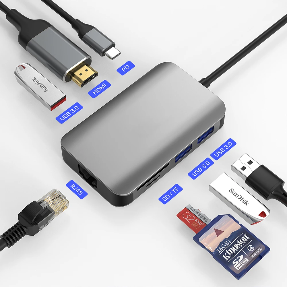 

2020 high speed 8 in 1 HDTV 4K PD 3.0 100W charging usb type c hub hd-mi usb 3.0 hub