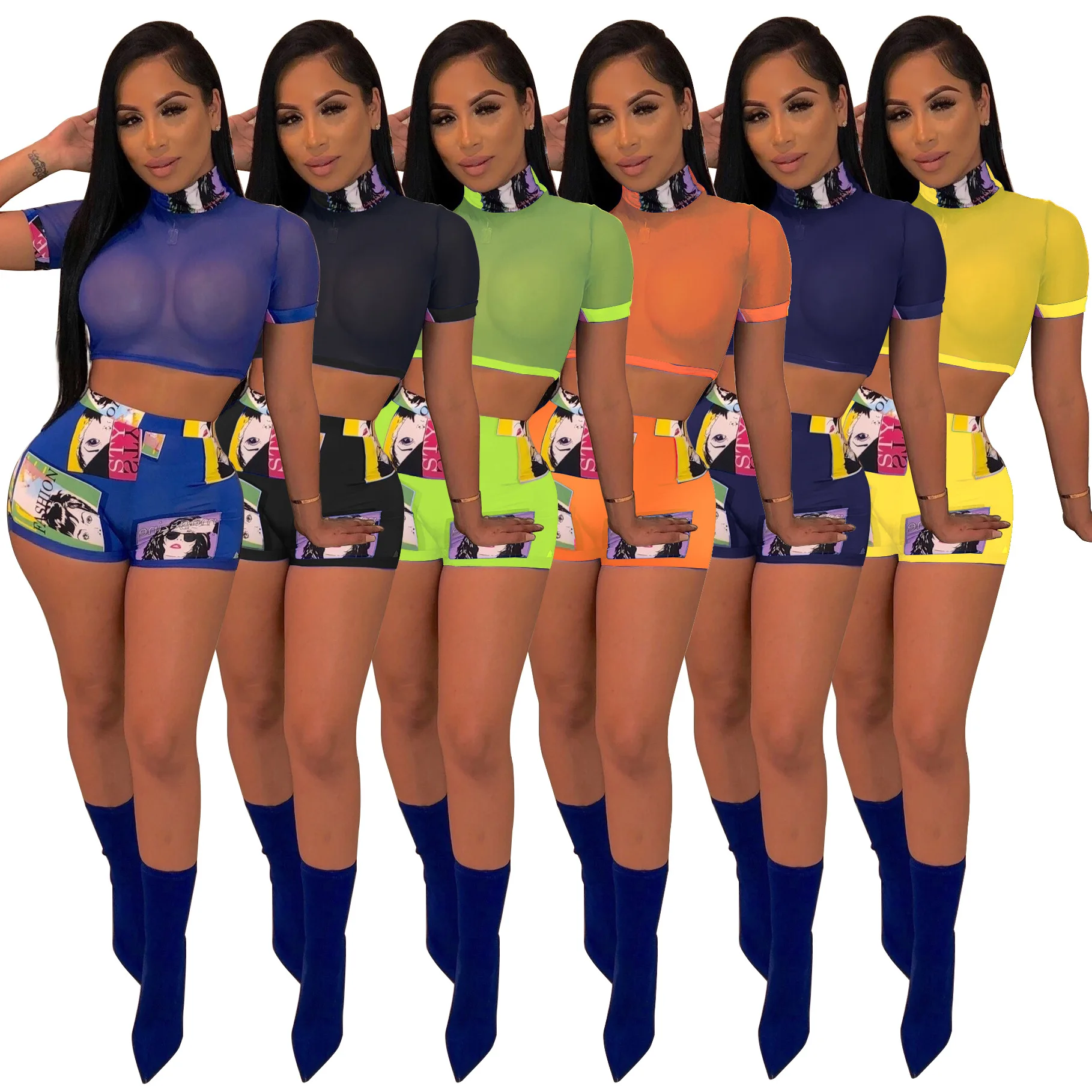 

Amazon Wholesale Summer Sexy Printed Tank Top And Shorts Set Sexy Mesh 2 Two Piece Outfit Set Mesh Women Short Set