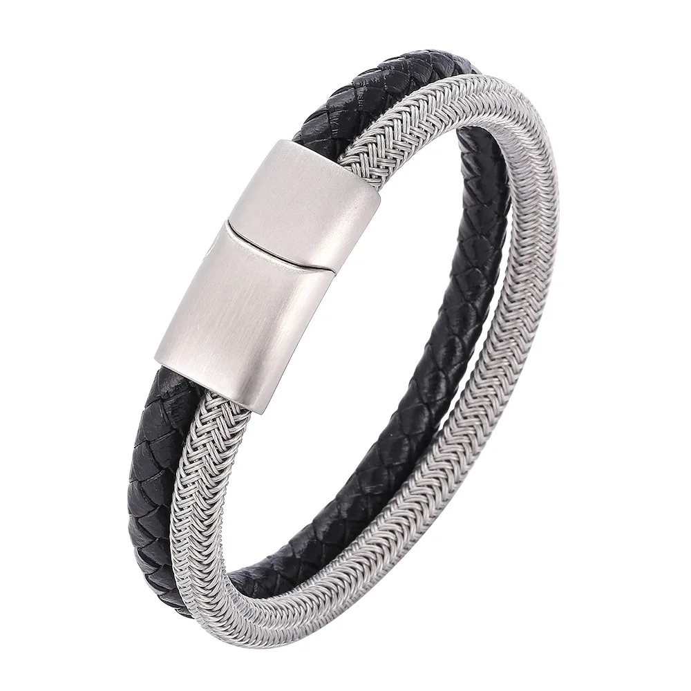 

High Quality Metal Clasp Initial Mens Customised Bracelet Genuine Leather, Black genuine leather, white mesh steel wire,customized color