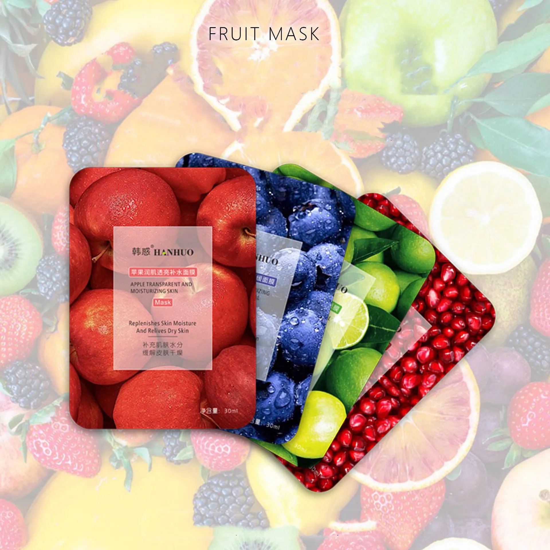 

Natural Organic Fruit Flavour Facial Sheet Mask Grape Blueberry Green Lemon Apple Moisturizing Skin Care Facial Mask Beauty