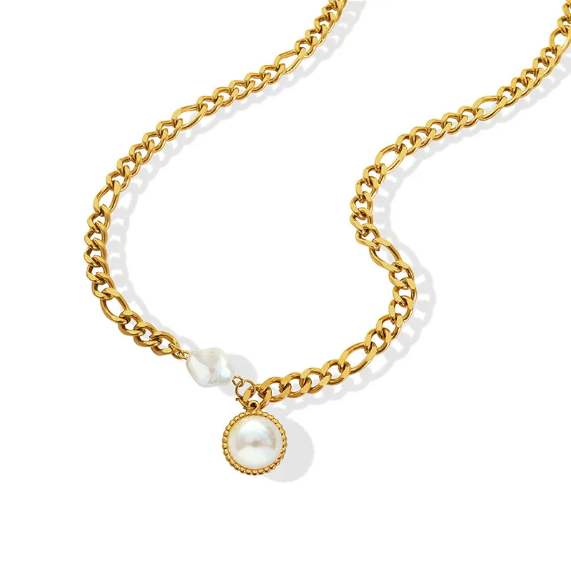 

Hot Selling Gold Plated Stainless Steel Thick Chain Pearl Choker Necklace Cuban Chain Freshwater Baroque Pearl Necklace