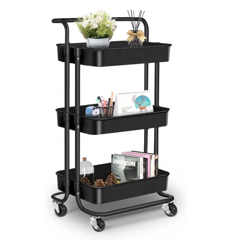 

3 Tier Handle Movable Organizer Rolling metal Kitchen Storage Rack Trolley Cart With Basket