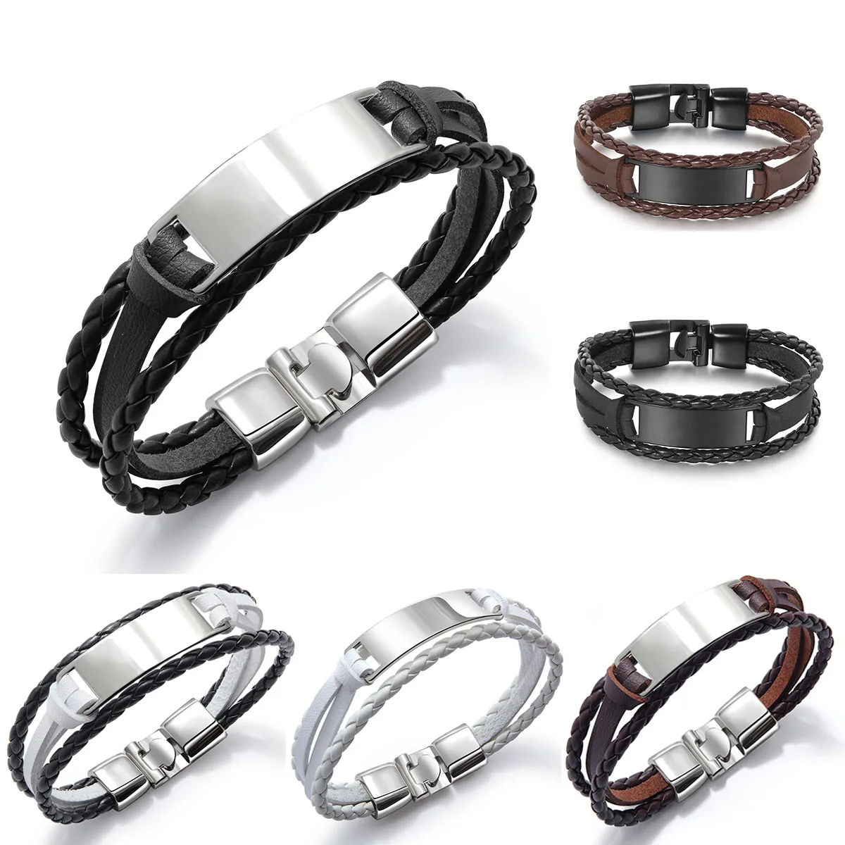 

Stainless Steel Jewelry Blank Bar Fashion Genuine Clasp Braided Rope Wrap Men's MultiLayer Charm Leather Bracelet, Picture shows