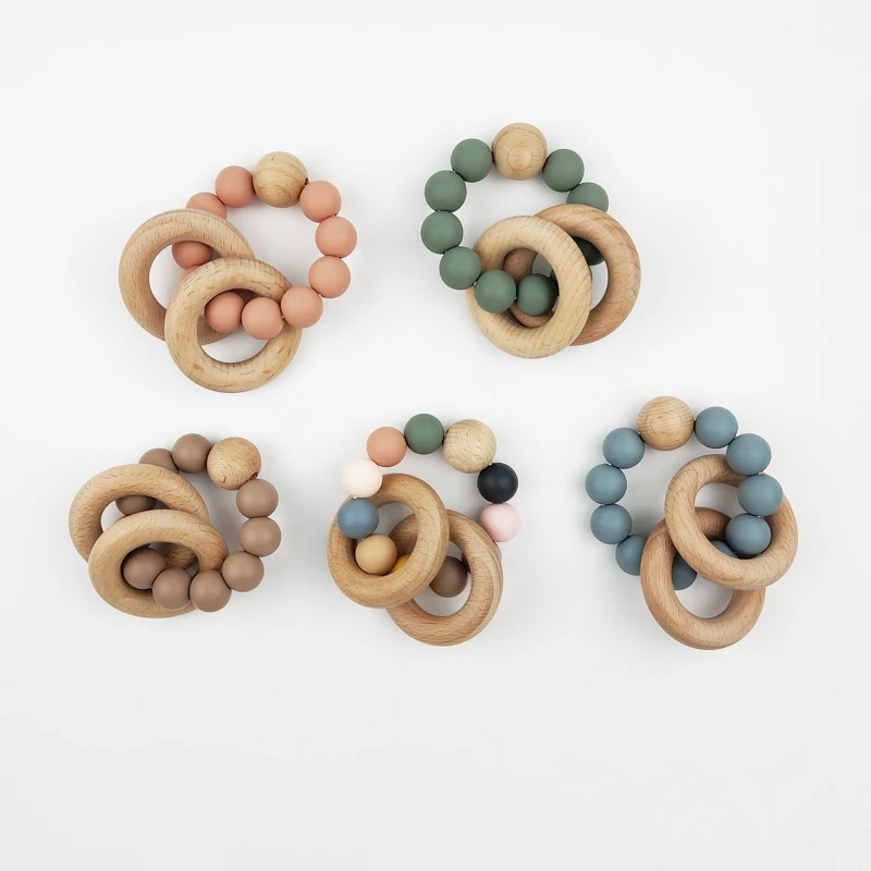 

2021 Newborn Natural Rubber Wrist Teether Silicone Baby Wooden Teething Ring