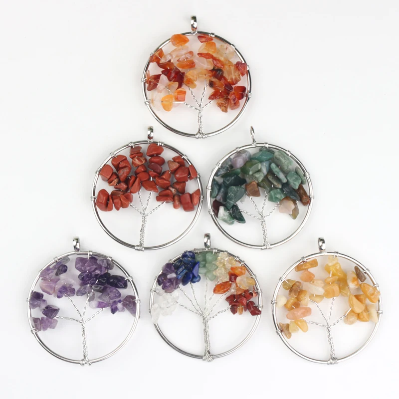 

7 Chakra Natural Rainbow Stone Pendant Healing Crystal Necklace Unisex Long Chain Tree
