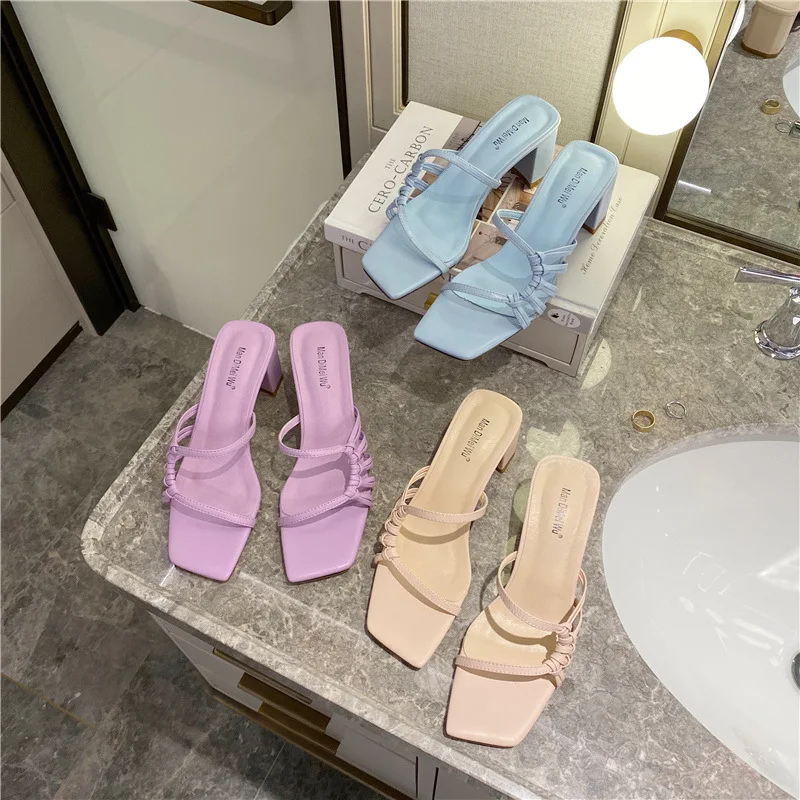 

Wholesale Fashionable Square Toe Women's Fashion Middle Heels Sandals Slippers for Ladies, 3 colors