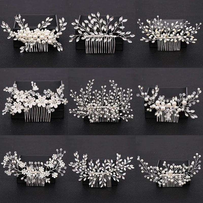 Hot Sale Luxury Women Bridal Comb Alloy Rhinestone Leaves Pearl Floral Headpiece Wedding Bride Diamond Handmade Hair Accessories