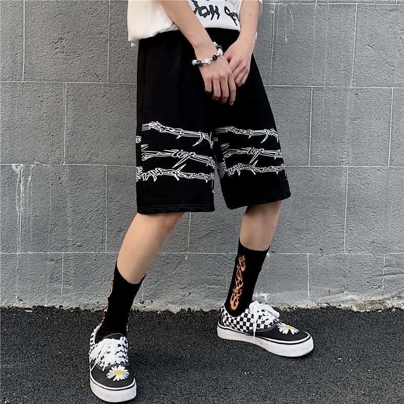 

Harajuku Street Style Joggers Shorts Women Elastic Waist Printed Hippie Streetwear Jogging Summer Loose Wide Leg Shorts, Black