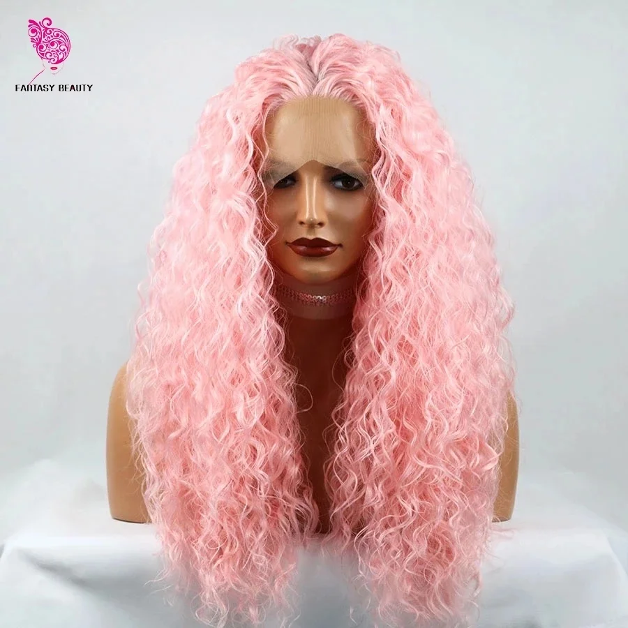 

High Density Pink Curly Synthetic Lace Front Wigs with Middle Part for Women Glueless Realistic Daily Wear Makeup Wig Cosplay, As picture
