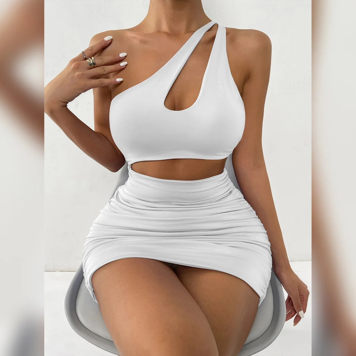 

Women 2022 Spring Sexy Hollow Out One Shoulder Suspender Solid Women Sexy Dress, Customized color