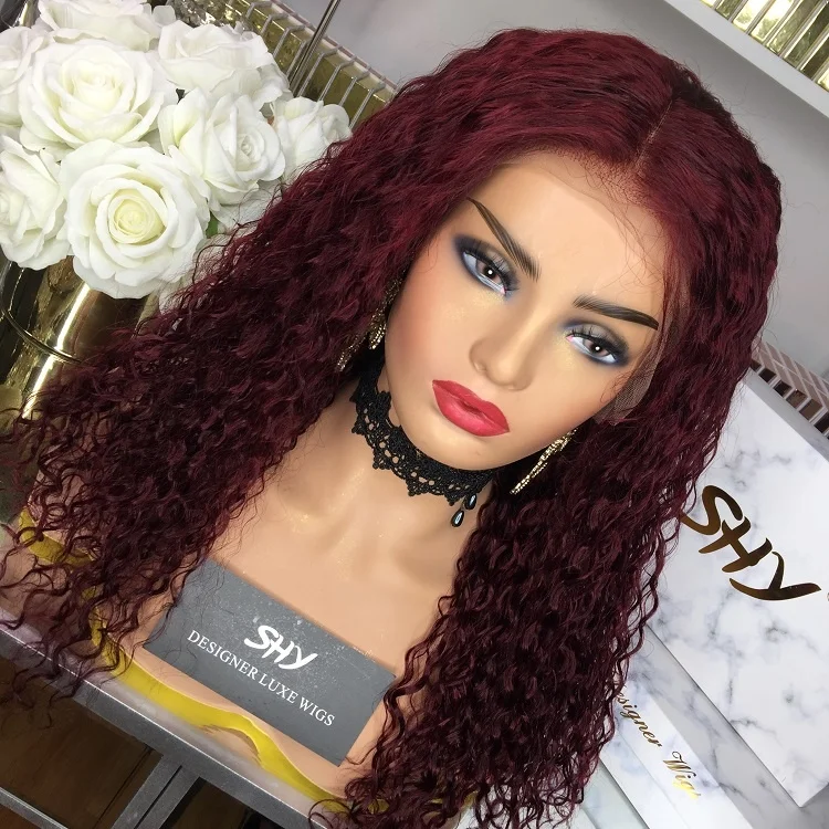 

SHY Hair Wig 150%Density 99j Color 18inch Curly Brazilian Lace Front Wig With Baby Hair 100% Human Hair Wigs