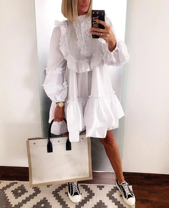 

Summer White Lantern Sleeves Beading Pleated Lady Mini Casual Dresses