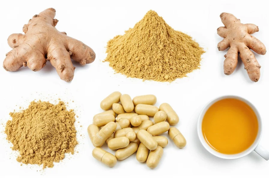Various forms of ginger including fresh root, powder, capsules, and tea