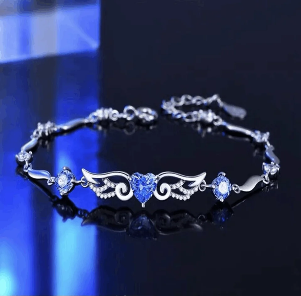 

2022 new angel wing design inlaid with blue zircon women's 925 Sterling Silver Jewelry Bracelet