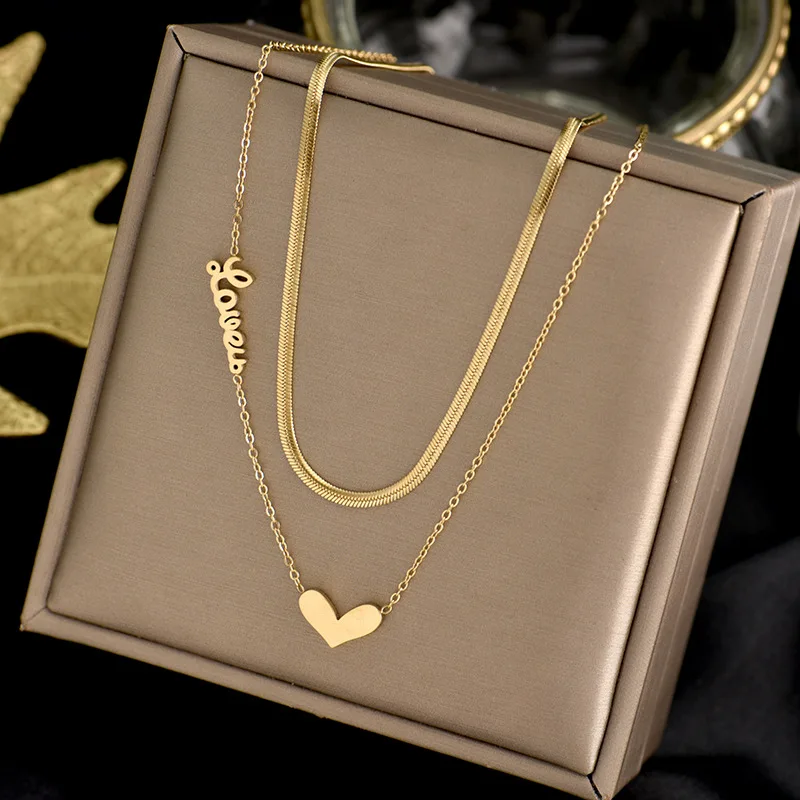 

New fashion Jewelry Double Layered Titanium Steel Heart Necklace Snake Chain Love Letter Heart Necklace For Party