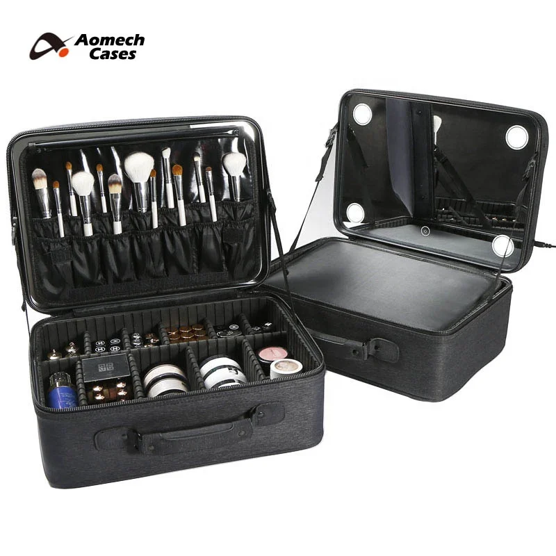 

Portable Oxford Zipper Cosmetic Makeup Train Case with Light Mirror for Studio Artist Durable Makeup Carrier Box